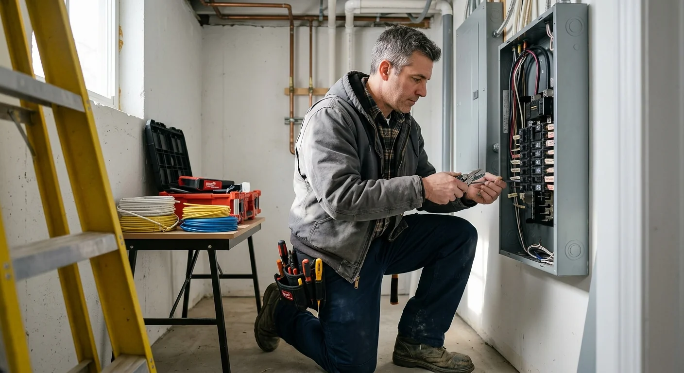Electrician inspecting a residential electric panel during an upgrade in Commack