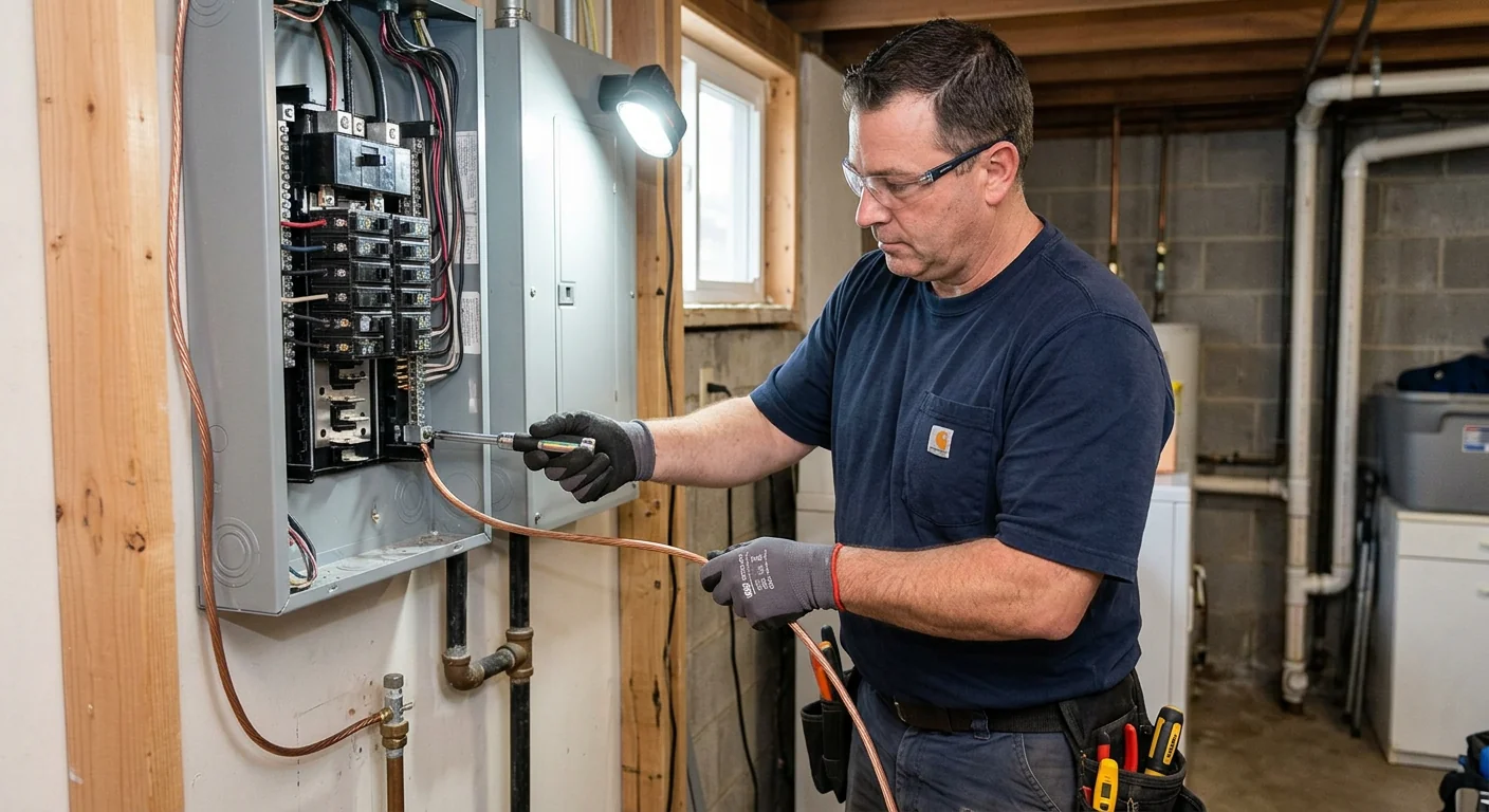 Electrician terminating grounding electrode conductor during a panel upgrade in Commack