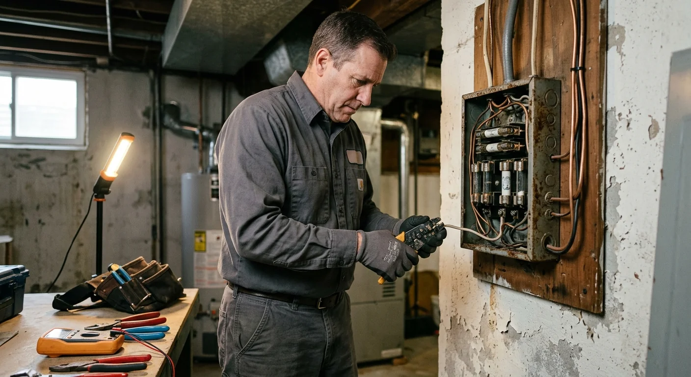 Old 100-amp fuse box removed before service upgrade in an older Commack home