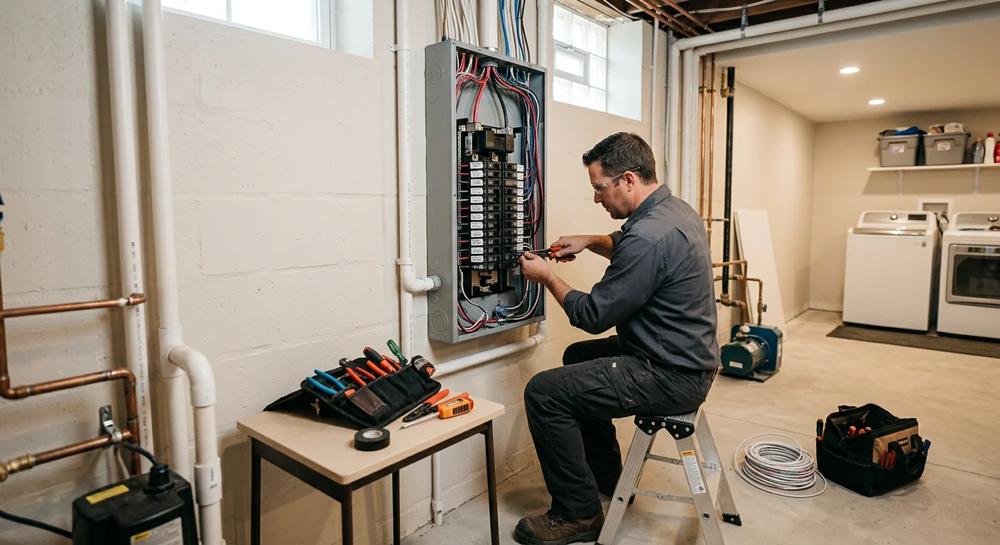 Wide shot of finished electrical panel installation in a renovated Commack basement