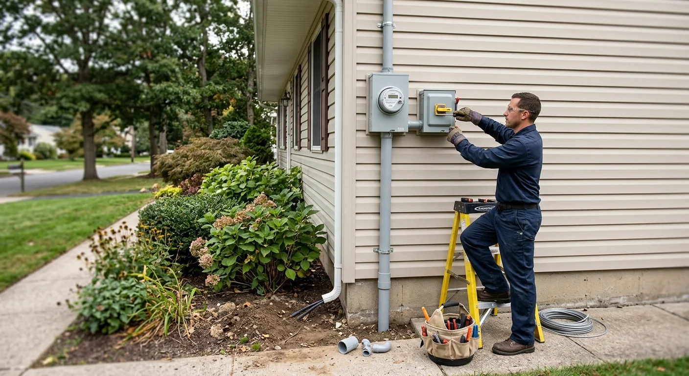 Meter disconnect and new service conduit installed on the exterior of a Commack house