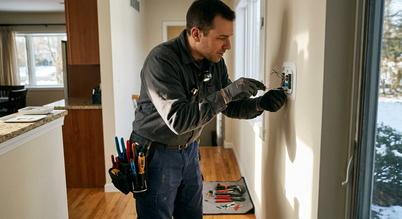 Electrician labeling breakers inside a newly upgraded electric panel in a Commack home