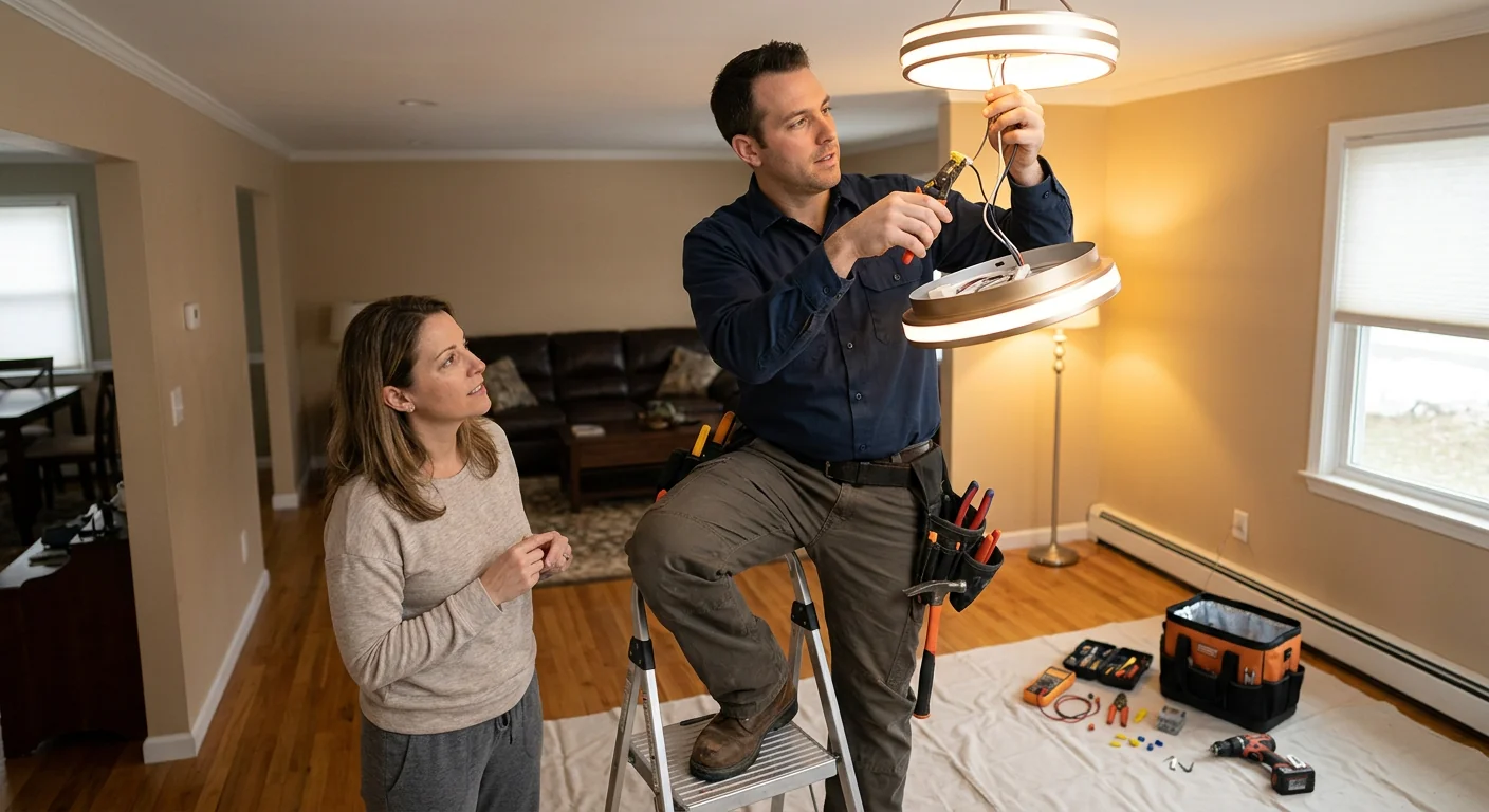 Electrician reviewing panel and wiring during a home electrical inspection in Commack