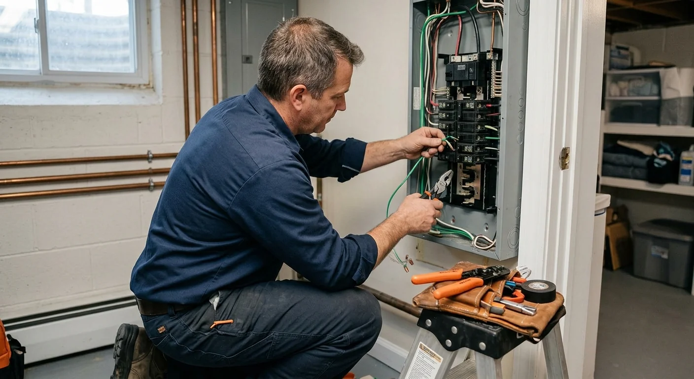 Electrician checking a residential service panel during an electrical inspection in Commack