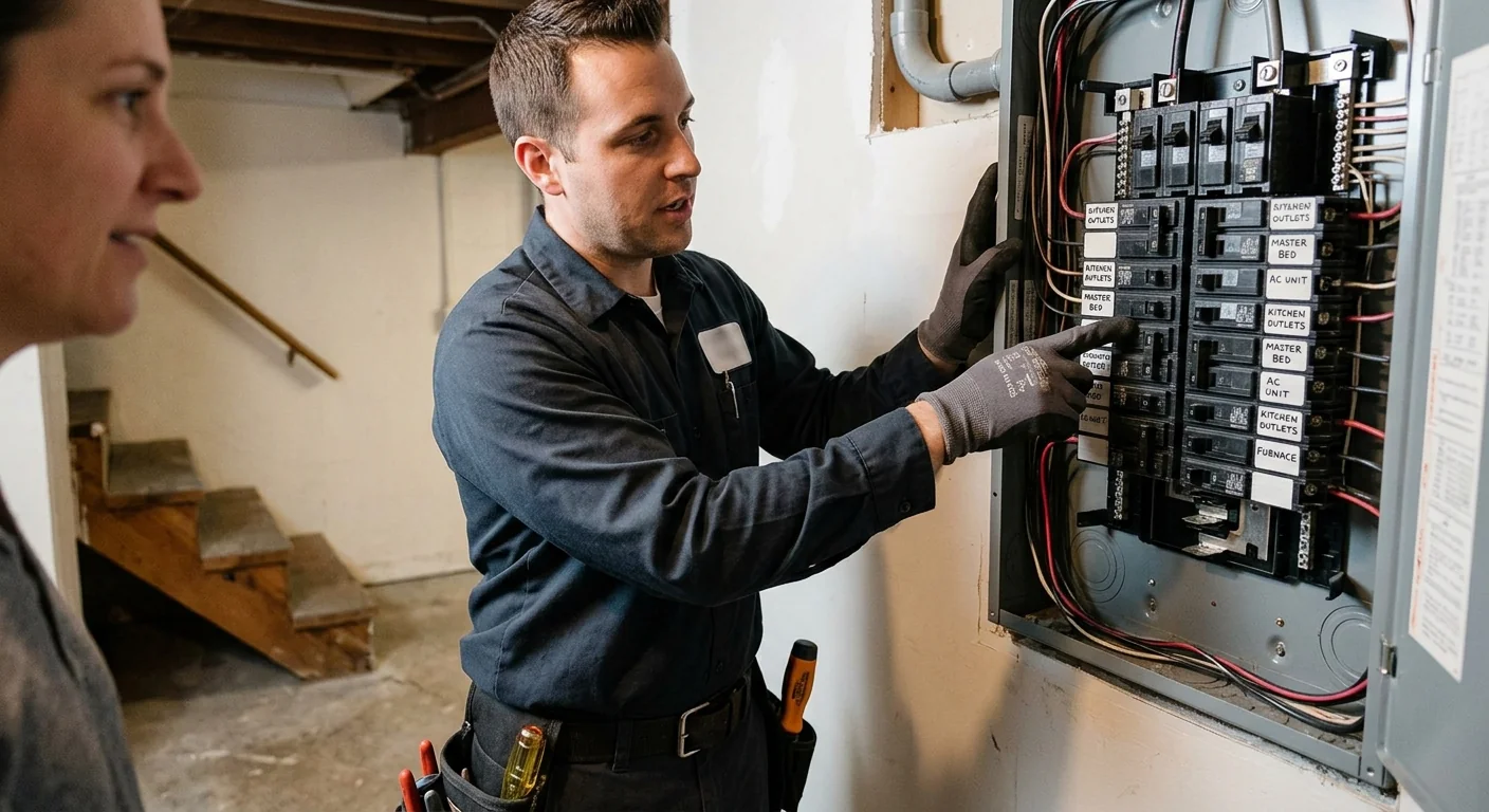 Close-up of open service panel with labeled breakers during a Commack inspection