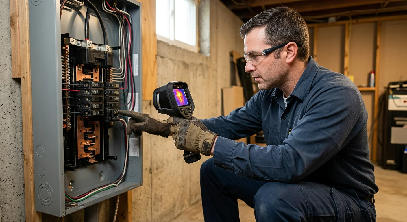 Electrician using a thermal camera to check circuit heat on a panel