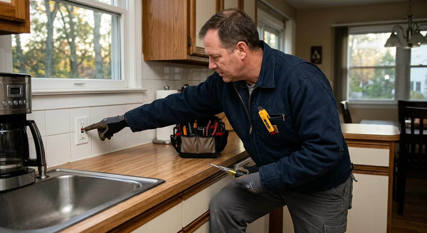GFCI outlet reset test in a residential kitchen during inspection