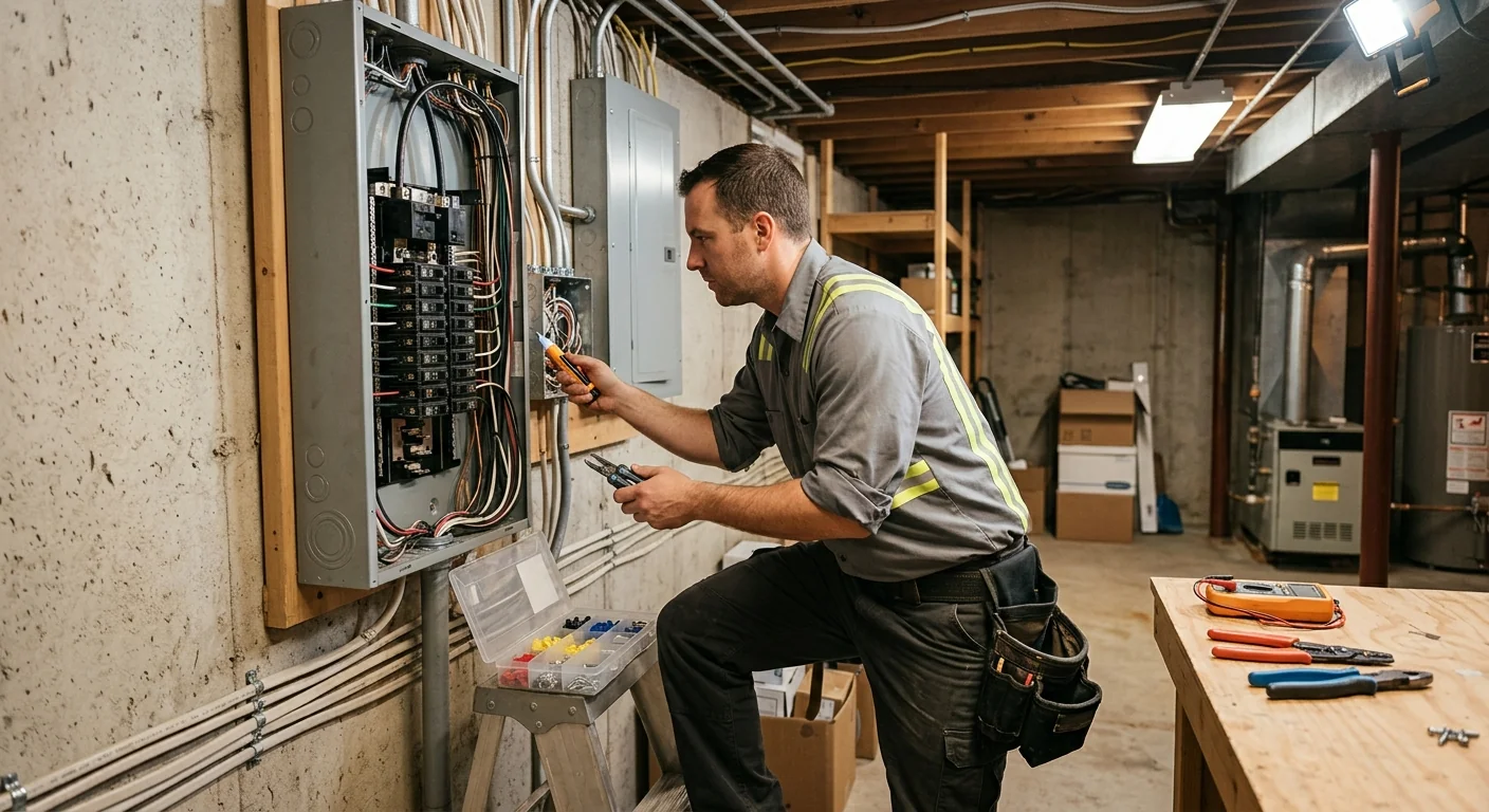 Wide shot of a basement junction box wiring review at a Commack property