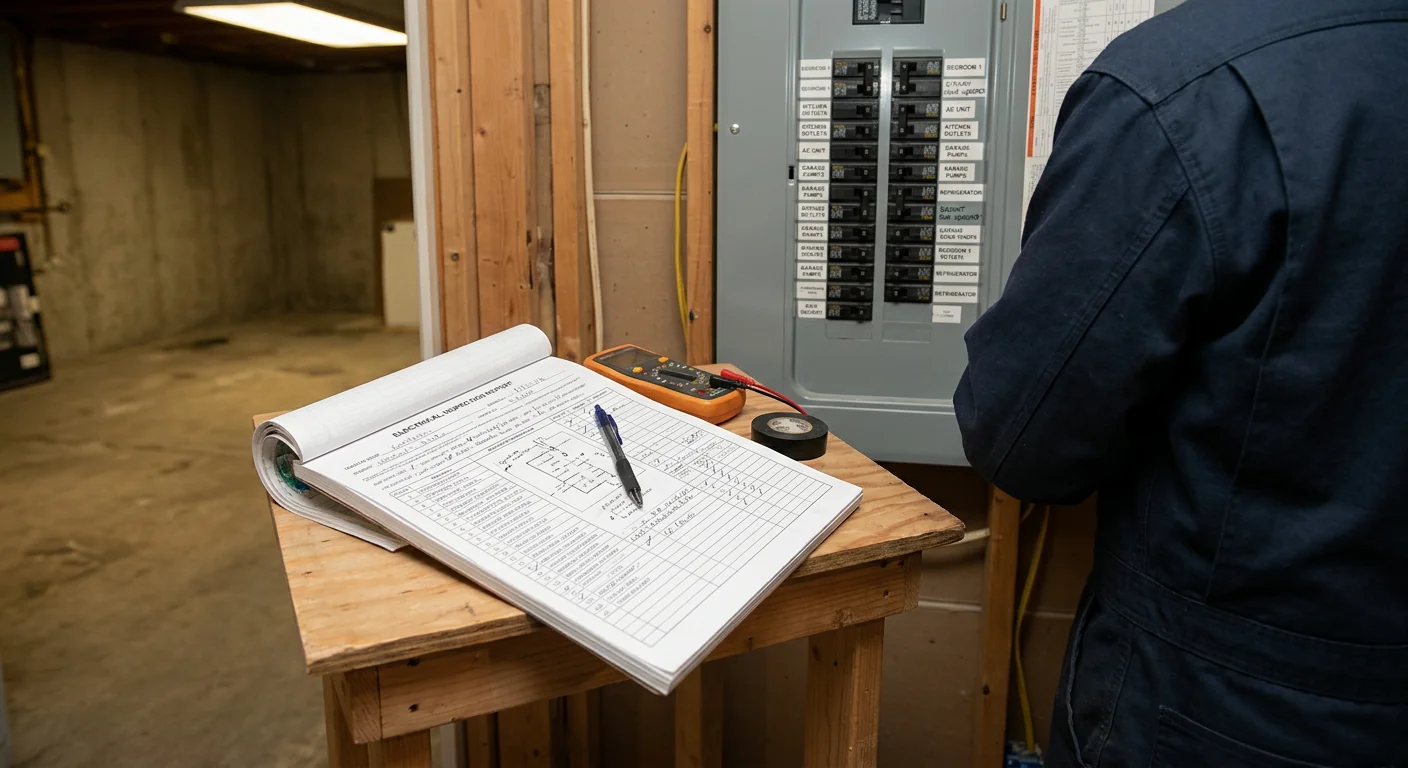 Finished written inspection report on a table with a labeled panel behind