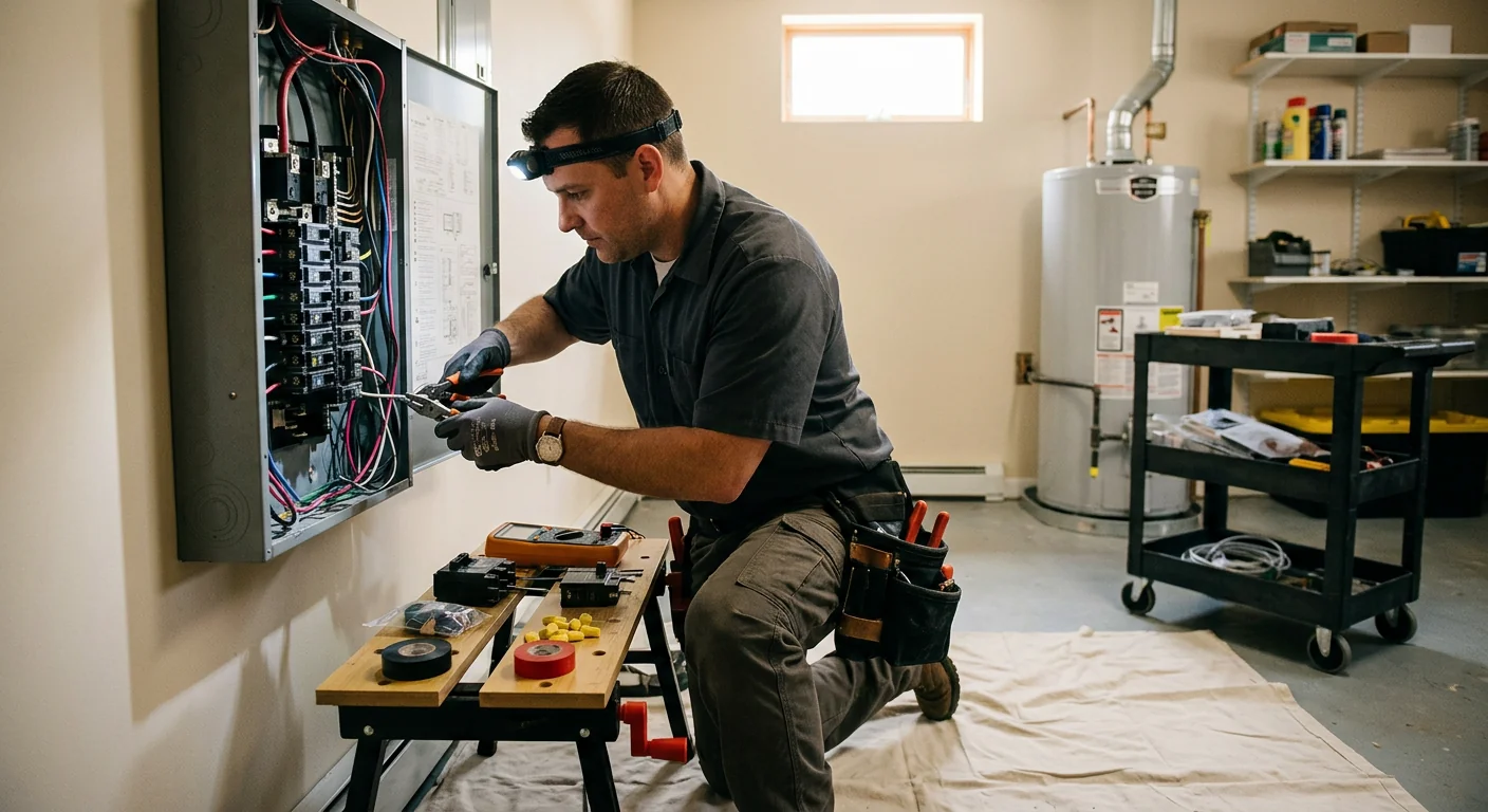 Electrician using thermal imaging to inspect a residential electrical panel in Commack