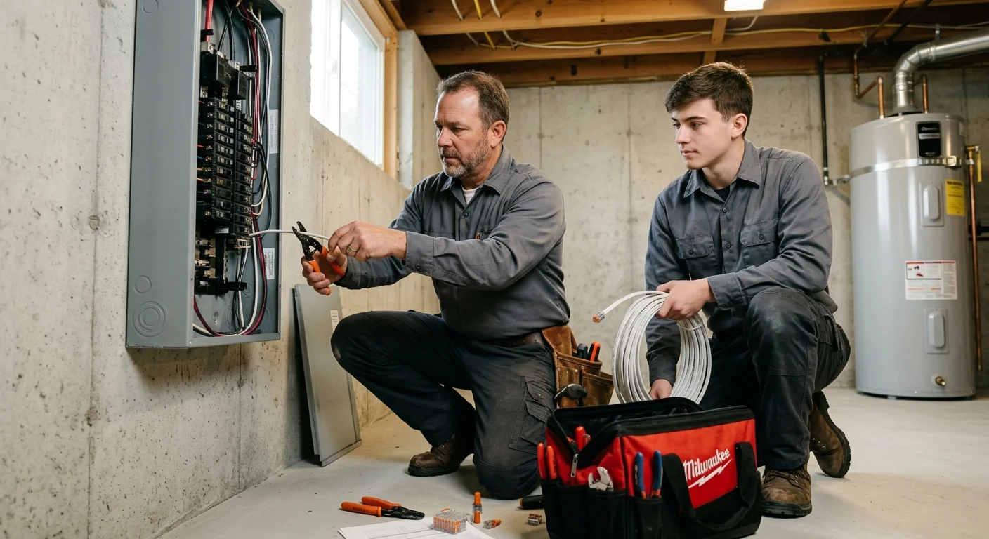 Electrician reviewing completed panel work with a Commack homeowner