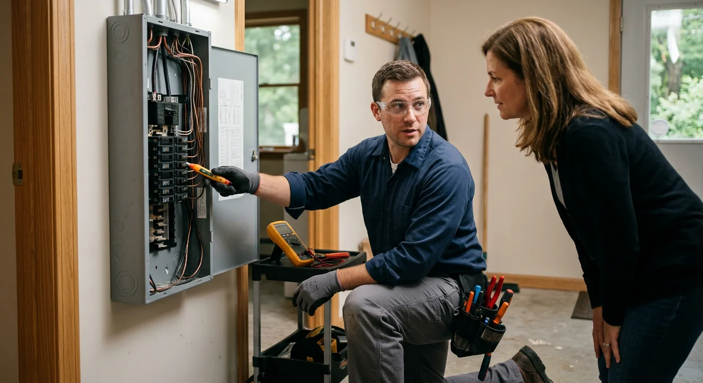 Electrician reviewing a written estimate with a homeowner at a Commack kitchen table