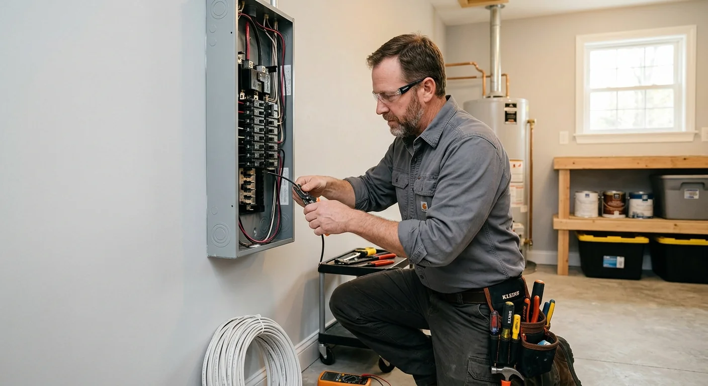 Electrician answering homeowner questions beside an open service panel in Commack