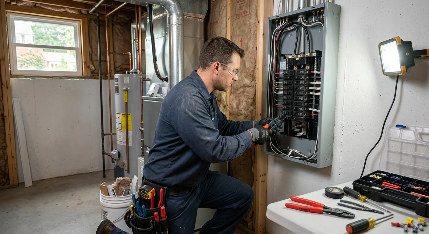 Electrician inspecting an aging electrical panel in a Commack home