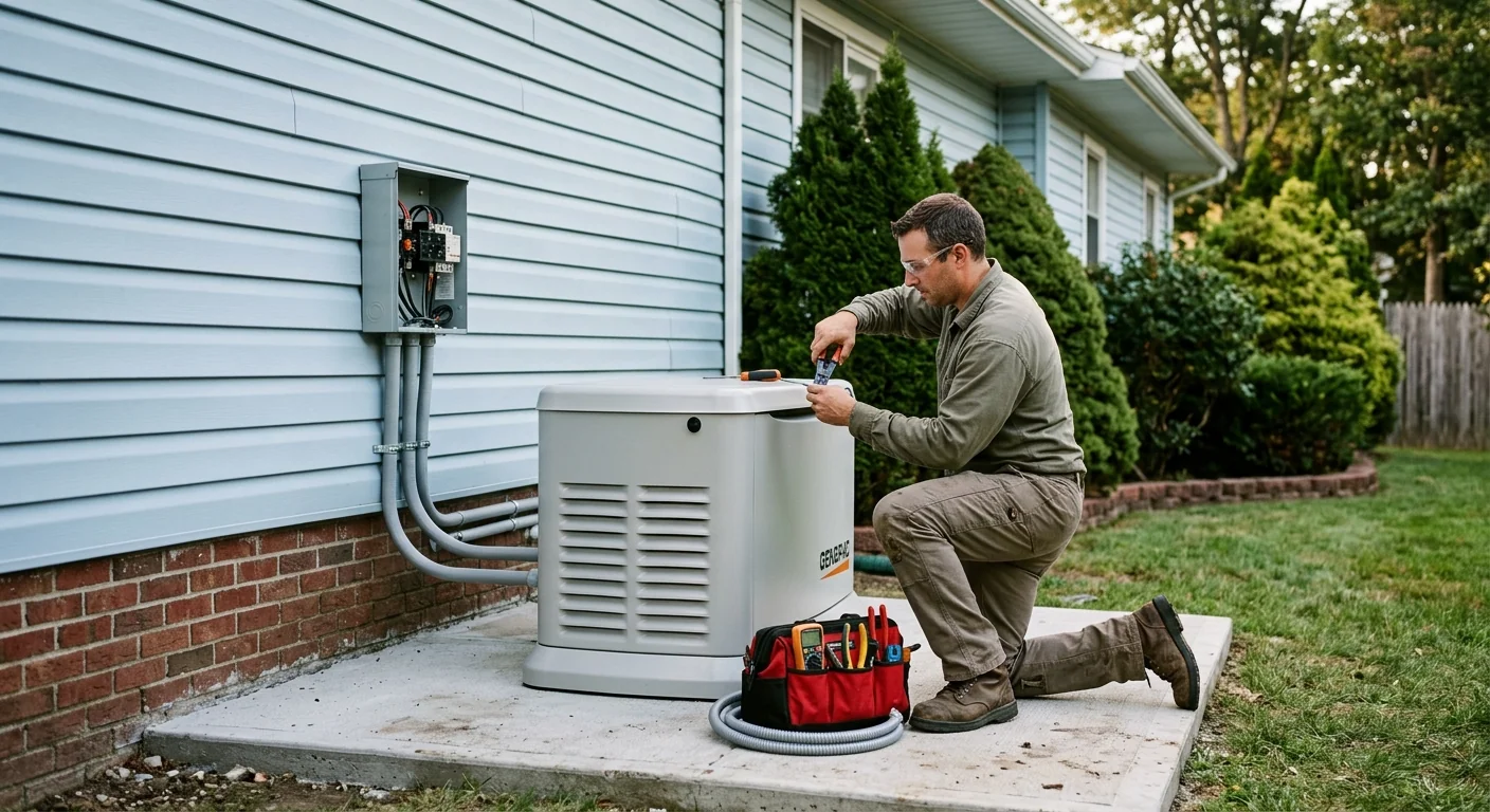 Standby generator installed on a concrete pad beside a Commack home