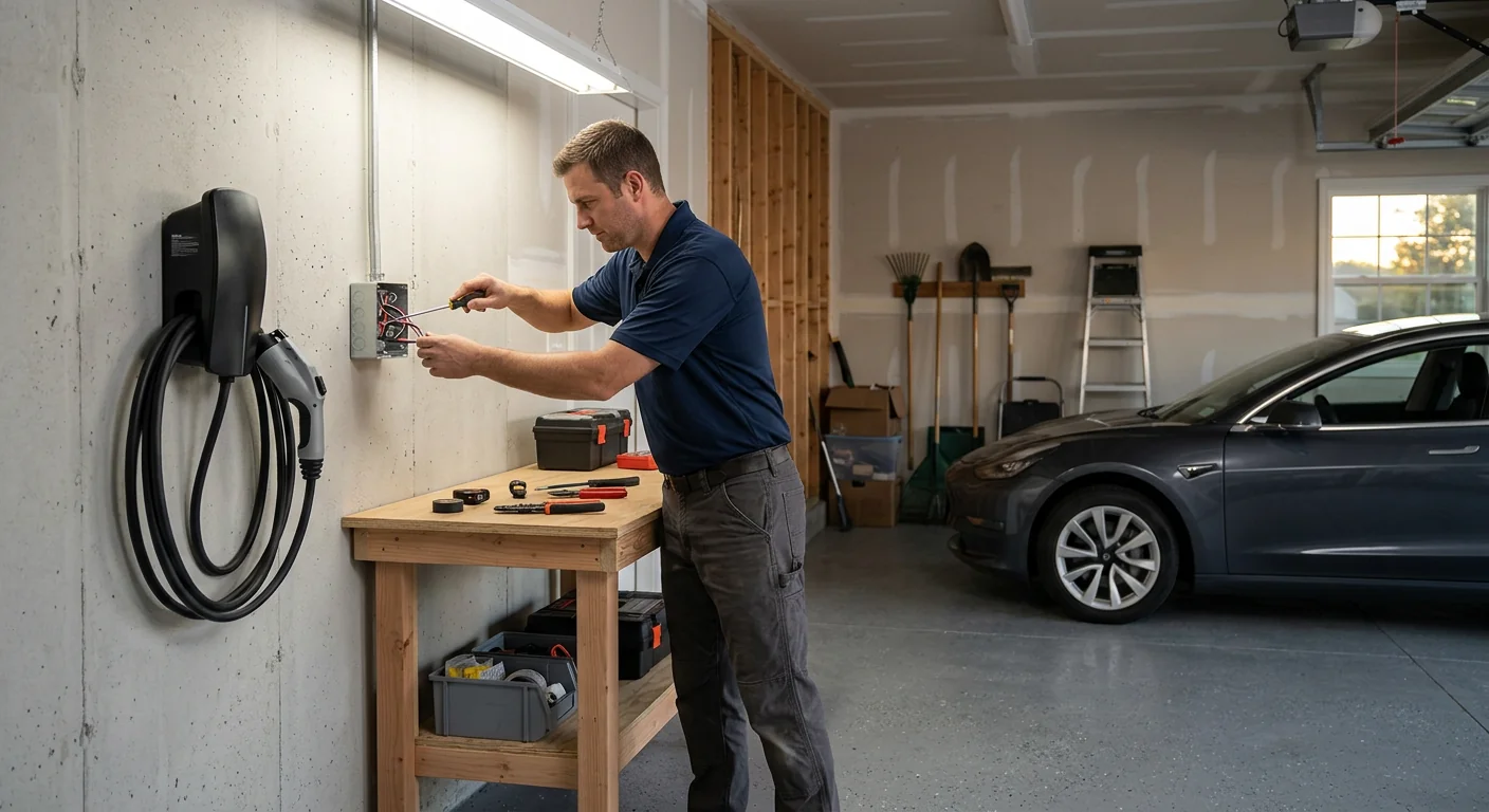 Level 2 EV charger mounted and wired inside a residential garage