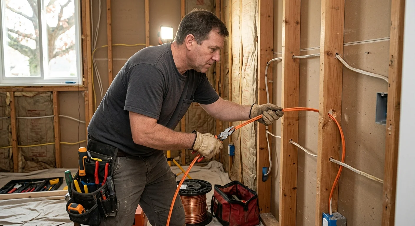 Electrician running new copper wiring through an open wall cavity
