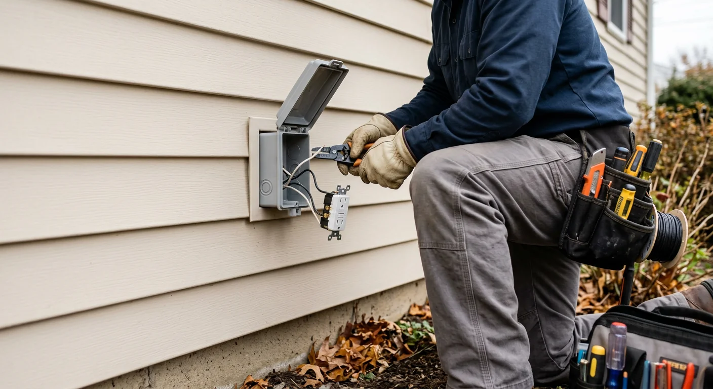 Outdoor weather-rated outlet installed on an exterior home wall