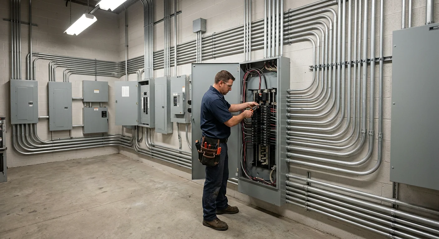 Wide shot of a commercial breaker room with organized conduit runs