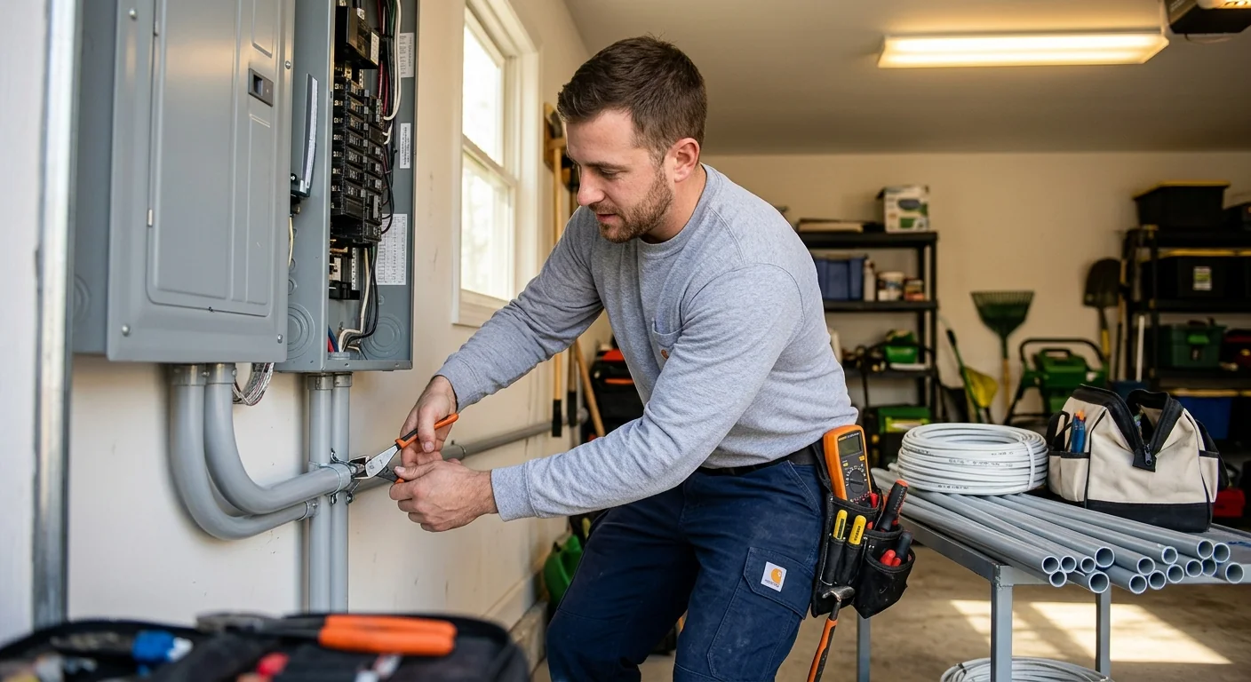 Electrician verifying a de-energized panel with a voltage meter on a Commack service call