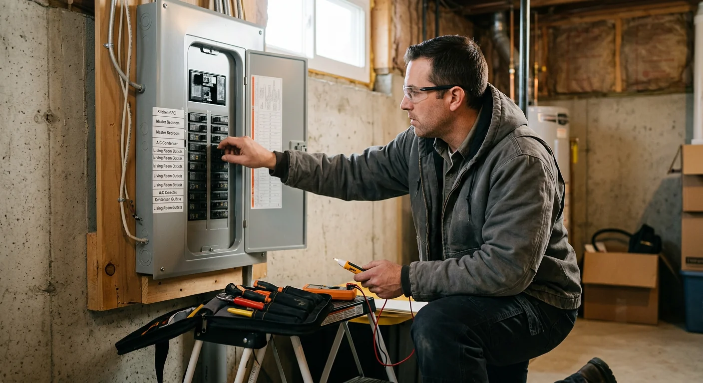 Electrician reviewing a labeled breaker panel during a Commack home service visit