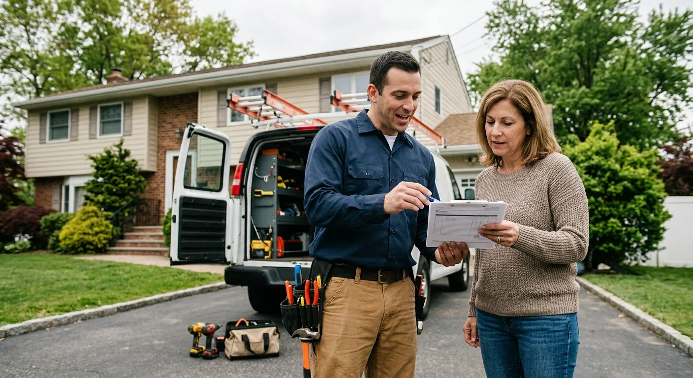Technician confirming written estimate details with a homeowner before starting work