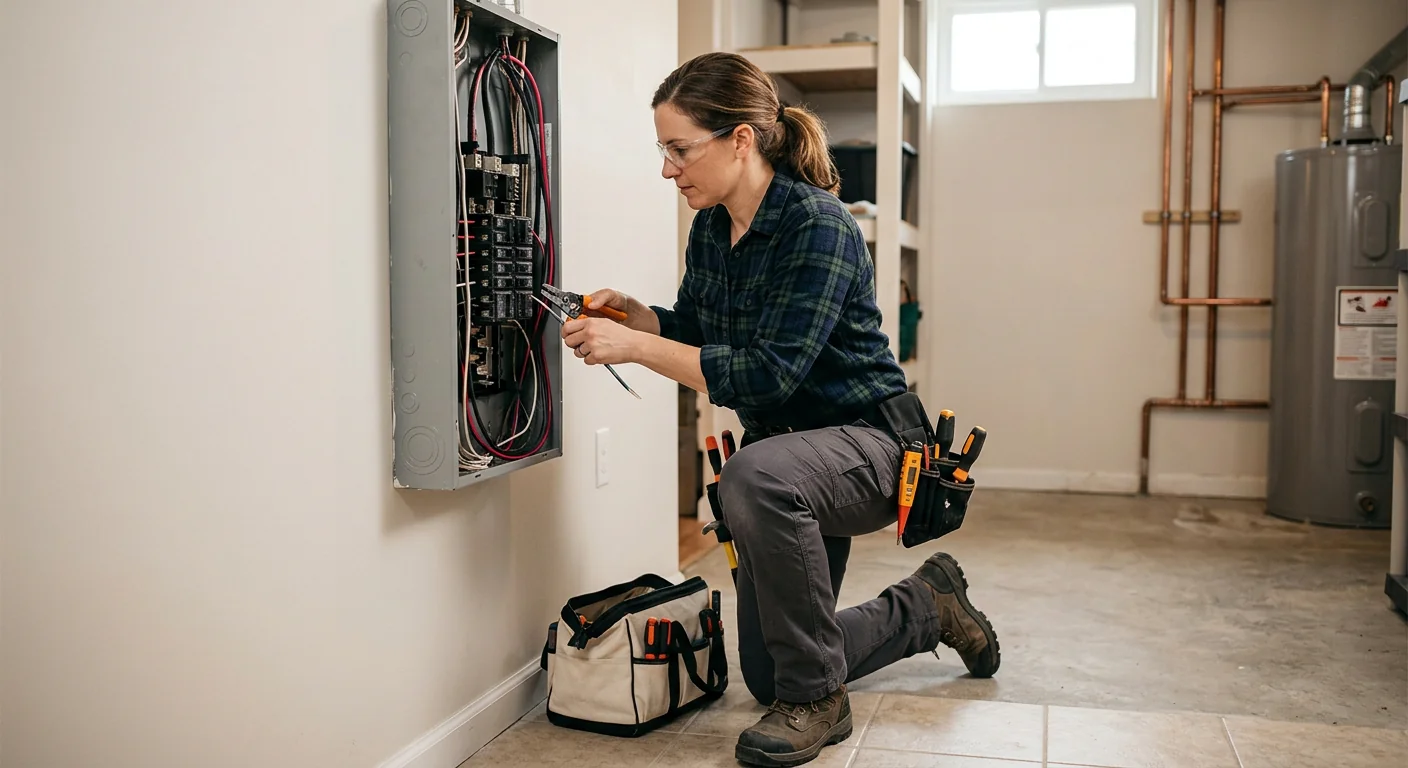 Electrician upgrading a residential service panel inside a Commack home