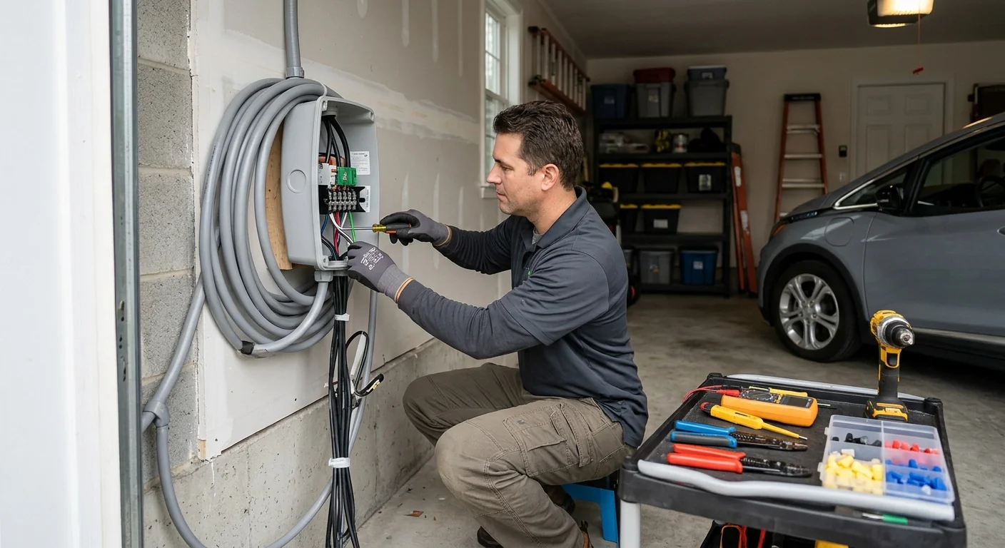 Technician wiring an EV charger circuit in a Commack garage