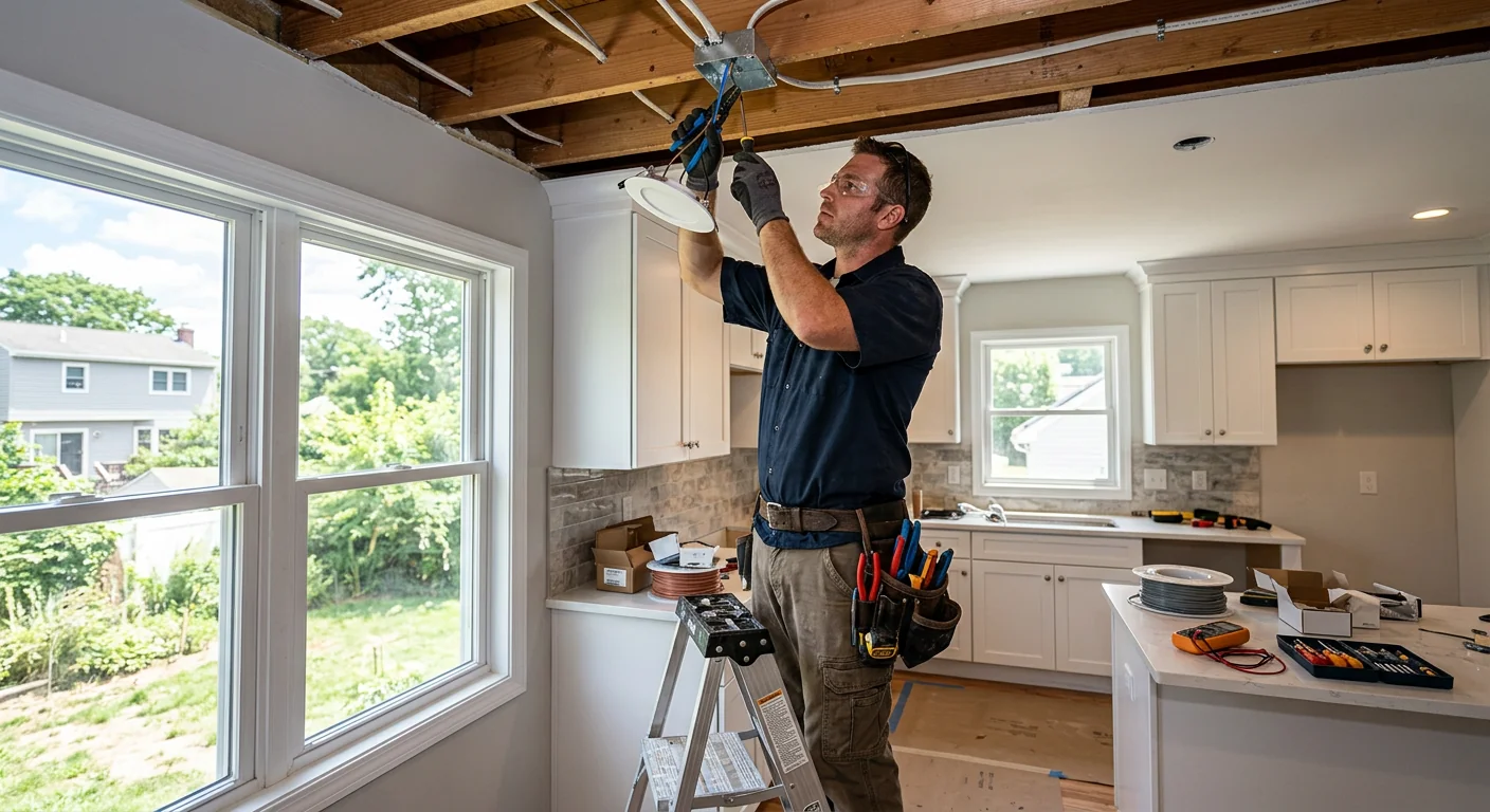 Technician reviewing a written estimate for emergency electrical repair in Commack