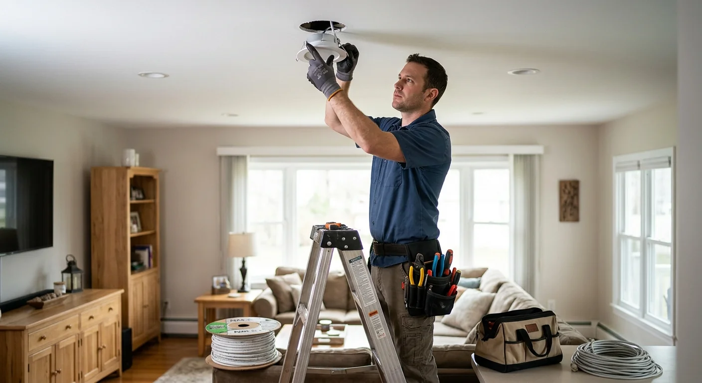 Electrician inspecting a sparking breaker panel during an emergency call at a Commack home