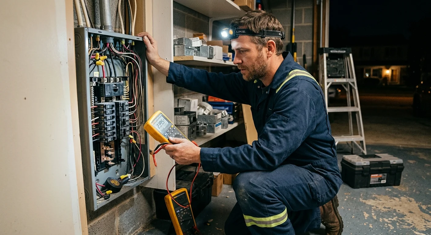 Electrician testing circuit voltage with a multimeter during a night service call