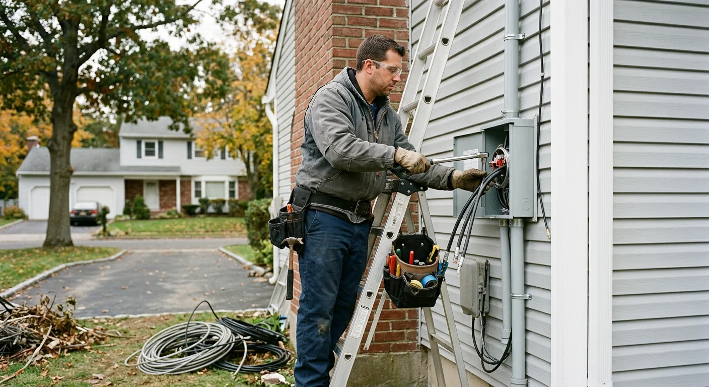 Restored service wiring after storm damage on a Commack property exterior
