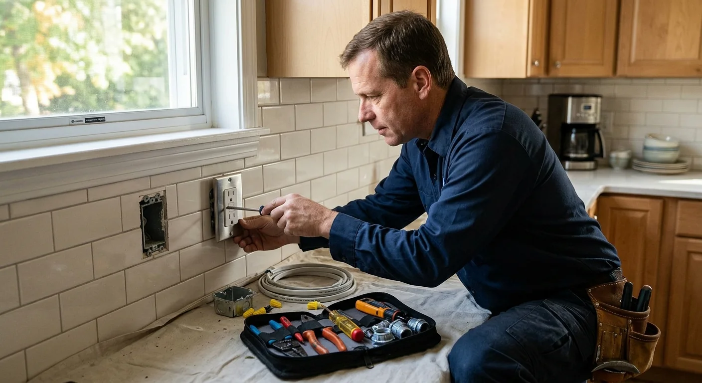 New GFCI outlets installed following a tripped circuit repair in a kitchen