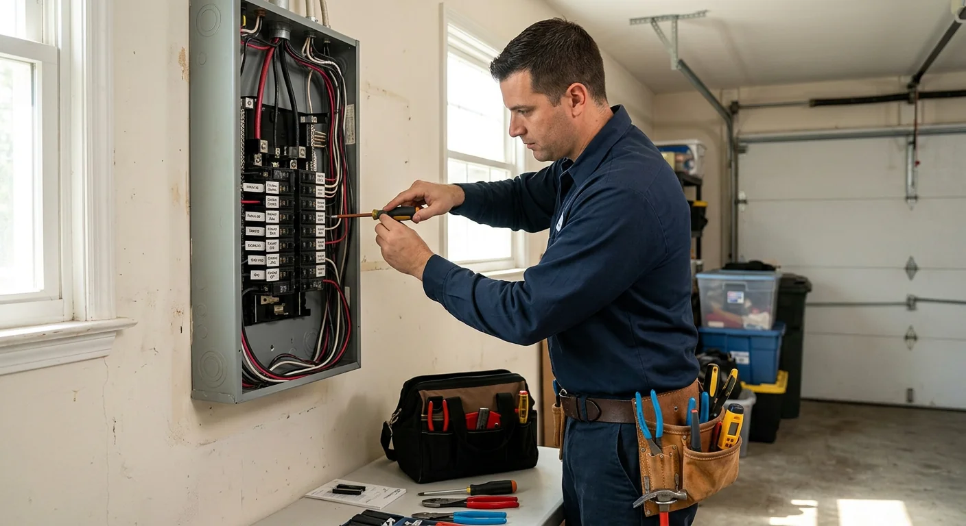 Wide shot of upgraded electrical panel labeled and verified after emergency work
