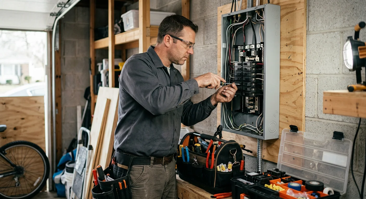 Electrician using a circuit tracer to diagnose an emergency panel fault in a Commack home