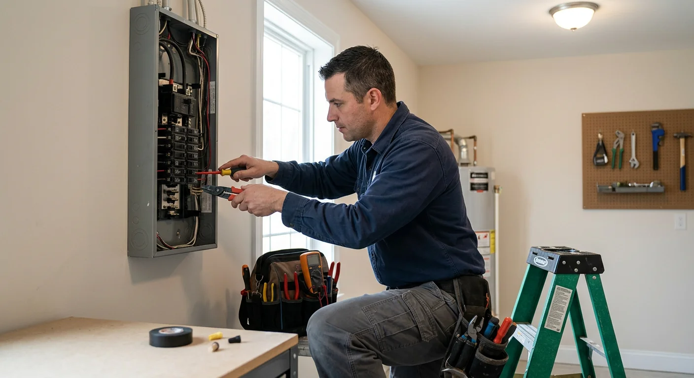 Technician checking panel capacity before an EV charger install in Commack