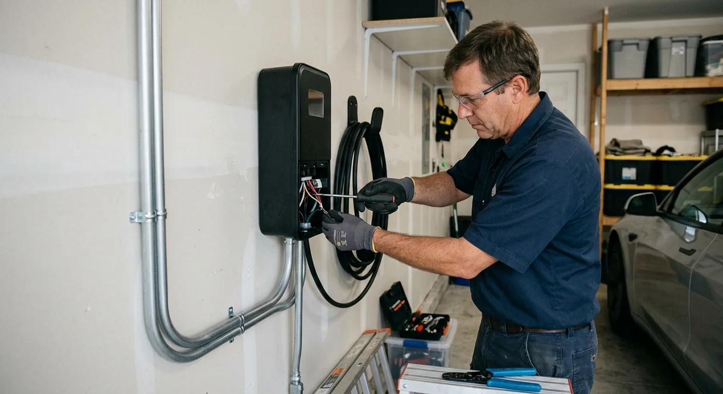 Close-up of a wall-mounted Level 2 EV charger with neatly routed conduit in a garage
