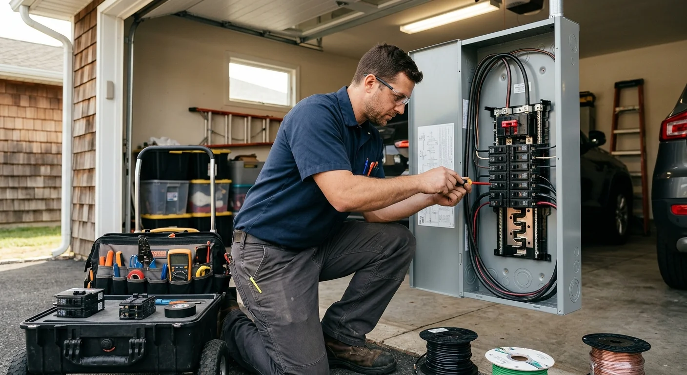 Wide shot of an upgraded electrical panel with a new dedicated 240-volt breaker for charging