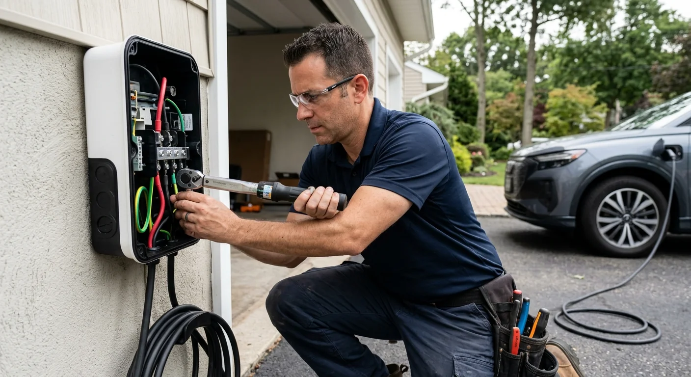 Electrician torquing terminals on a hardwired EV charger connection in Commack