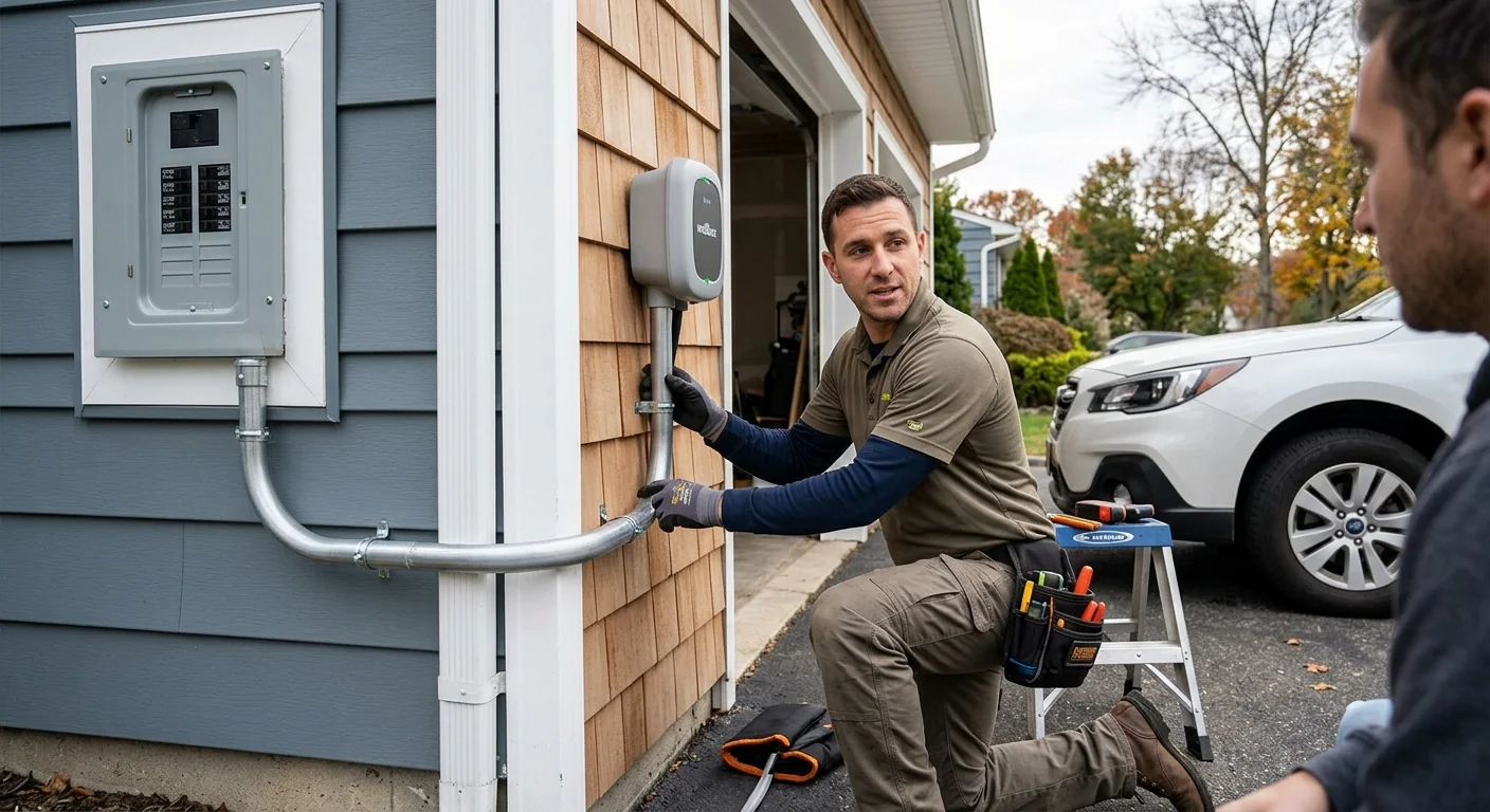 Conduit run from an electrical panel to an exterior charger mount on a garage wall