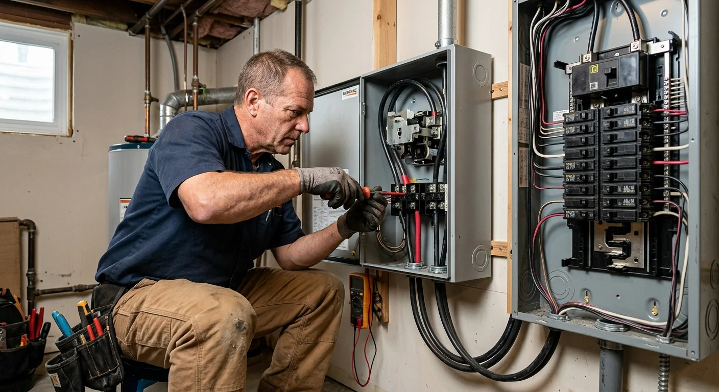 Close-up of automatic transfer switch wired into a residential service panel
