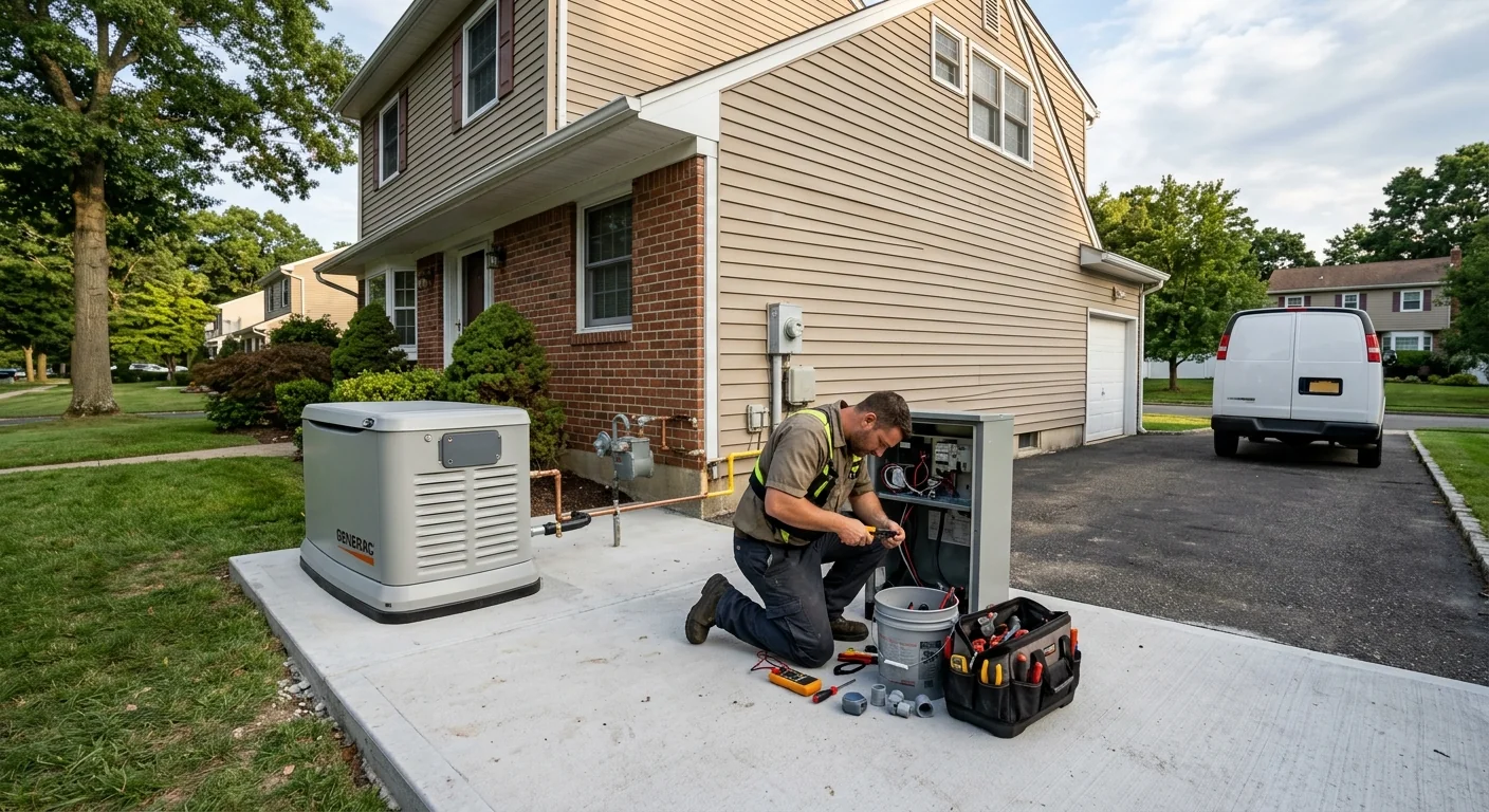 Wide shot of standby generator on concrete pad beside a suburban Commack house