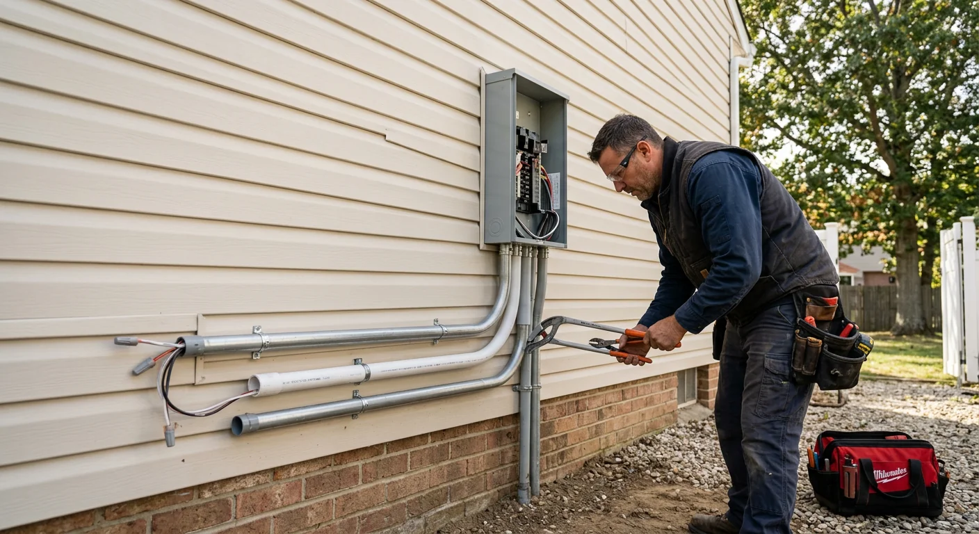 Bare exterior wall before generator placement showing electrical rough-in