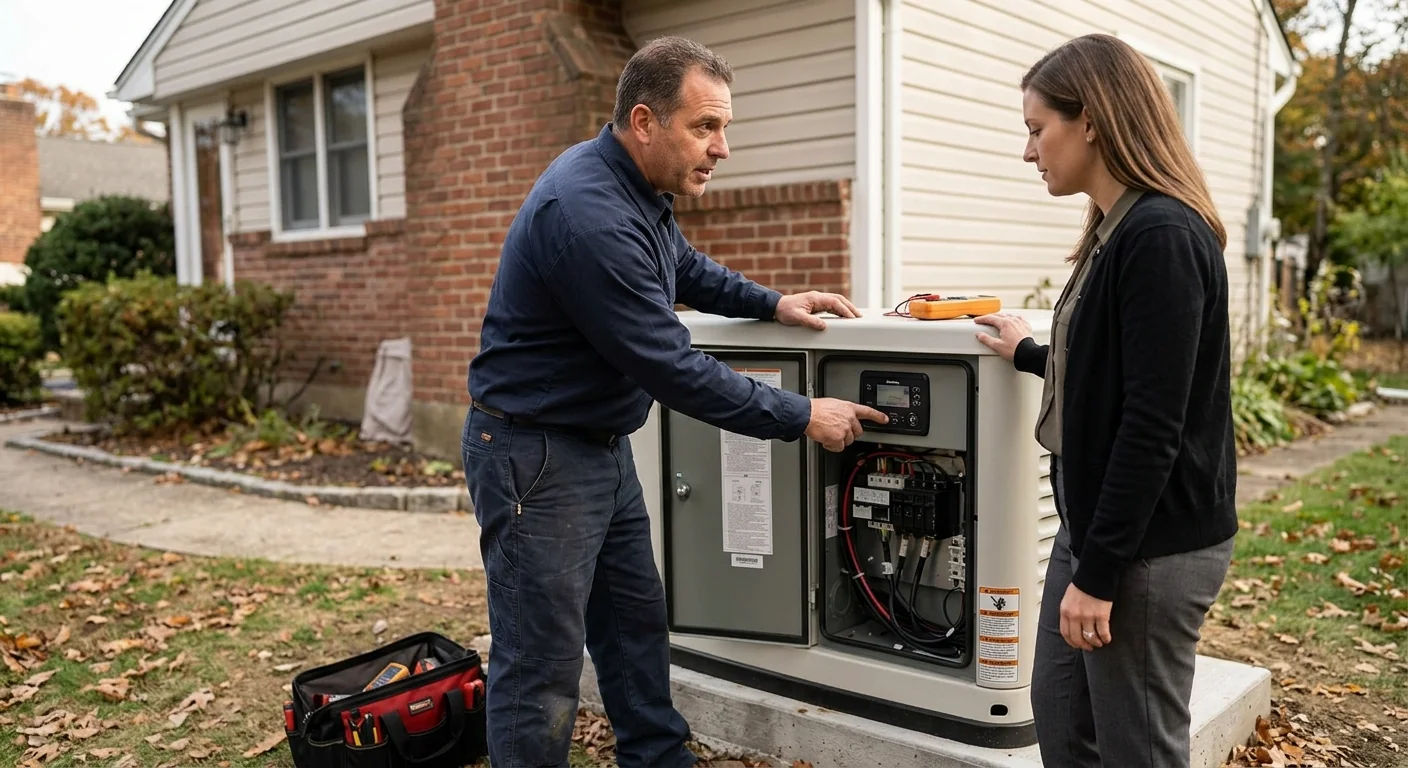 Property manager reviewing generator controls during a post-job walkthrough