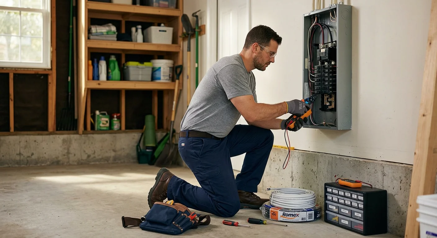 Technician wiring a standby generator transfer switch at a Commack home