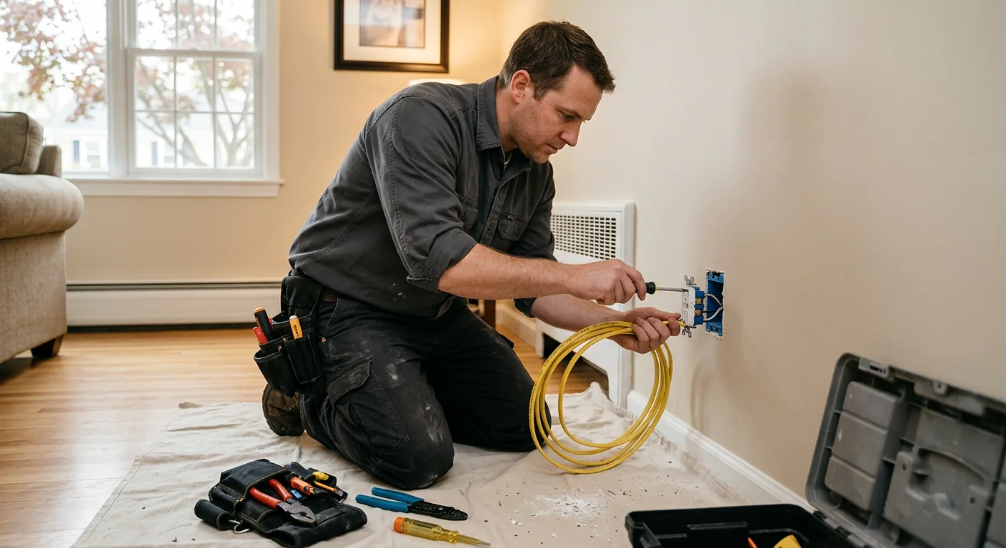 Electrician reviewing panel and circuit layout while pricing a Commack rewiring project