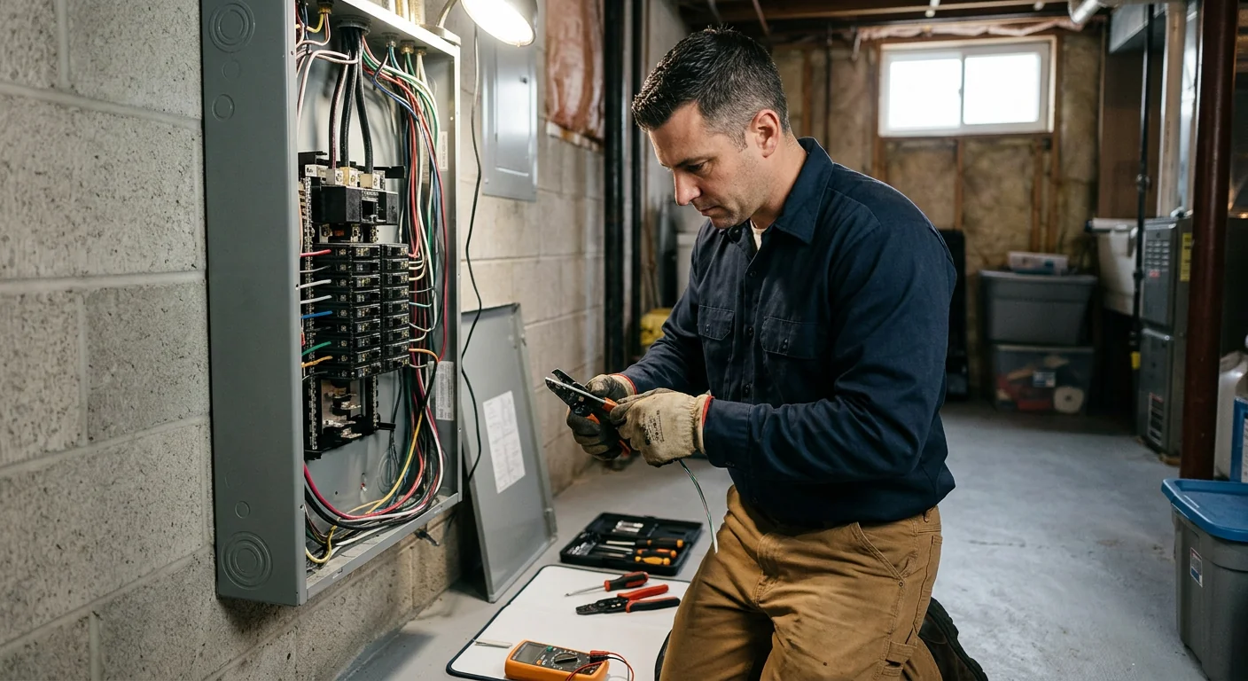 Electrician reviewing panel and wiring plan during a Commack house rewiring visit