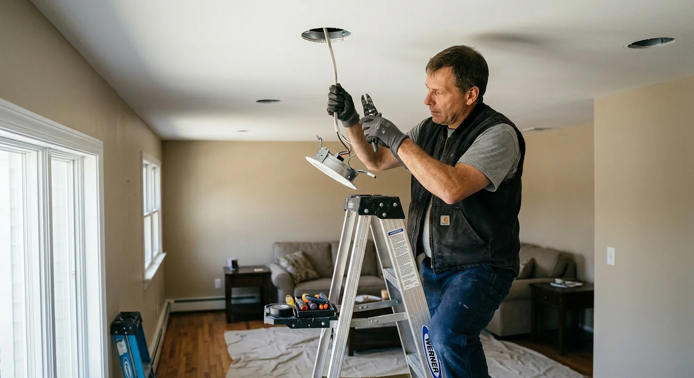 Electrician inspecting outdated wiring inside a Commack home panel during a rewiring assessment