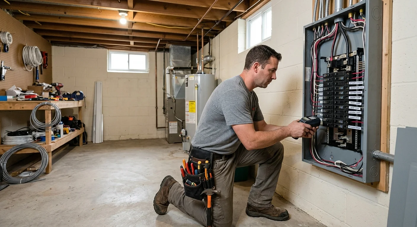 Wide shot of a rewired basement with new labeled circuits in a Commack home