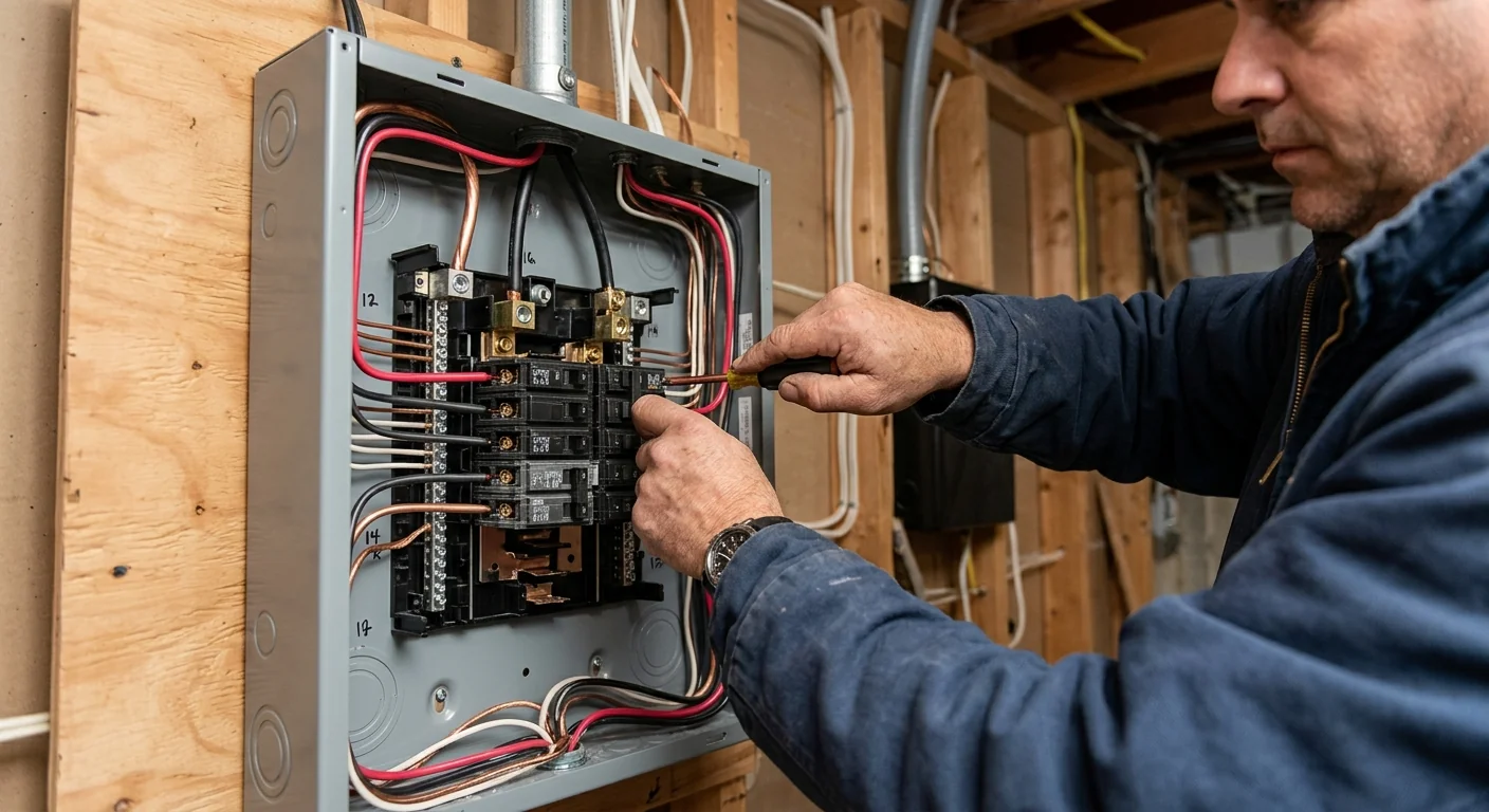 Close-up of new copper conductors terminated inside an upgraded electrical panel